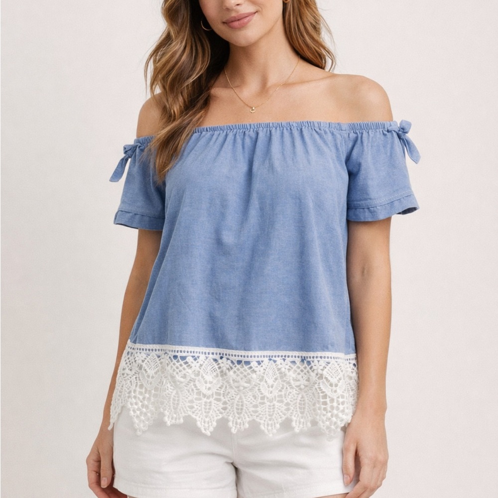 Iris Light Blue Off-Shoulder Top with White Lace